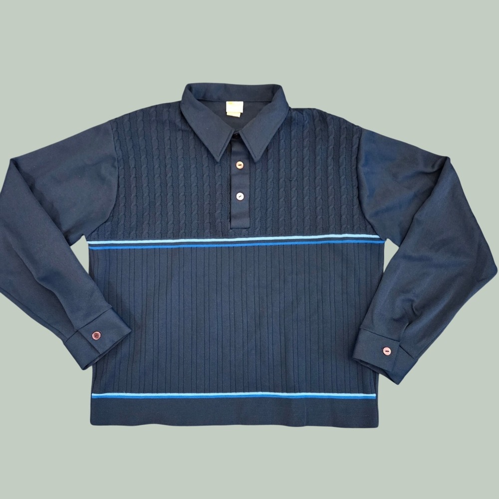 Vintage Marcel of Paris Mens XL Navy Knit Long Sleeve Polo Shirt 70s Ribbed 3300